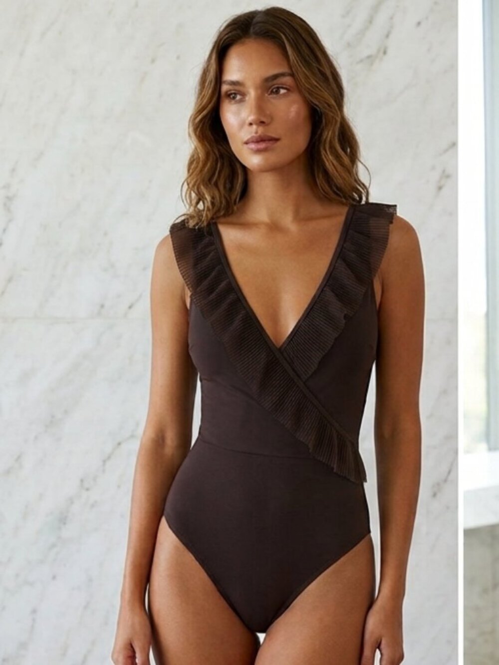 SHAN Brown Plunge Ruffle One Piece Swimsuit - Made in Canada